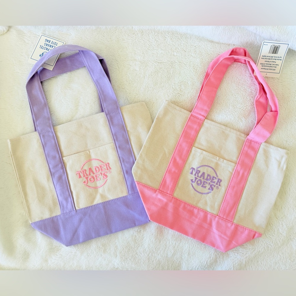 Set of 2 - Trader Joe's Mini Pastel Canvas Tote Bag - Purple Pink - Viral - Picture 8 of 8